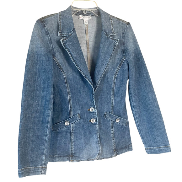 ST. JOHN SPORT Women Size Small Blue Denim Silver Logo Button-Up Jacket VINTAGE - Picture 6 of 9
